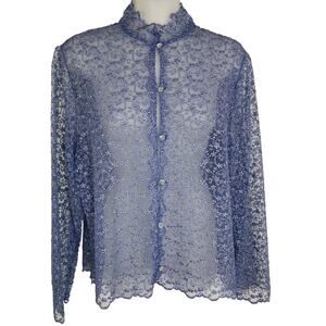 Vtg Women Shirt L Button Embroidered Sheer Floral Blue Coquette Fairy Romantic